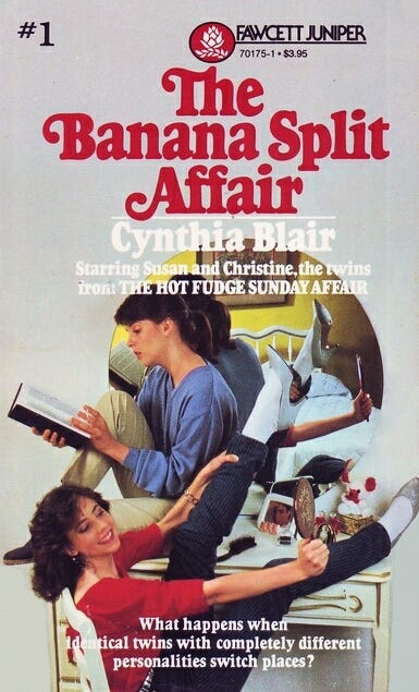 Book cover shows two sisters: one reading a book and the other smiling at herself in a handheld mirror