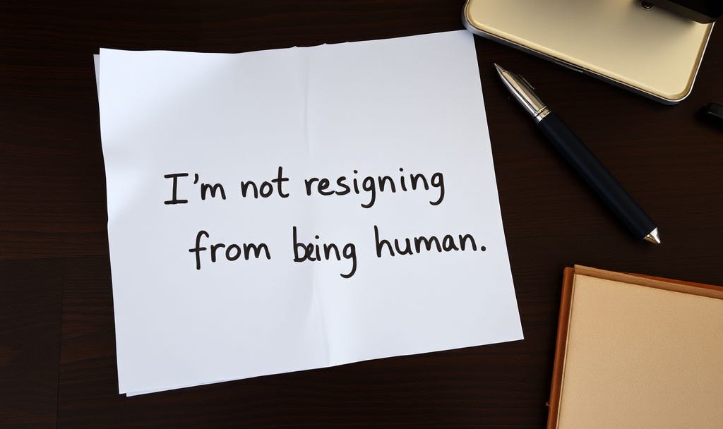A single, slightly crumpled resignation letter lying on a dark wooden desk.  across the middle someone has scrawled in raw, messy handwriting: “I’m not resigning from being human.”