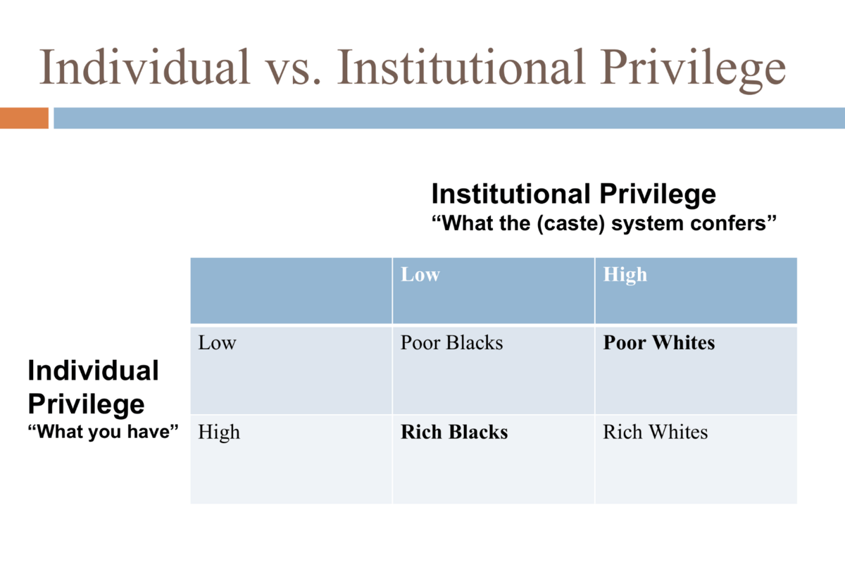 A table breaks down individual privilege as "what you have" and institutional privilege as "what the (caste) system confers" in quadrants with lows and highs of each and where rich and poor Blacks and Whites fall