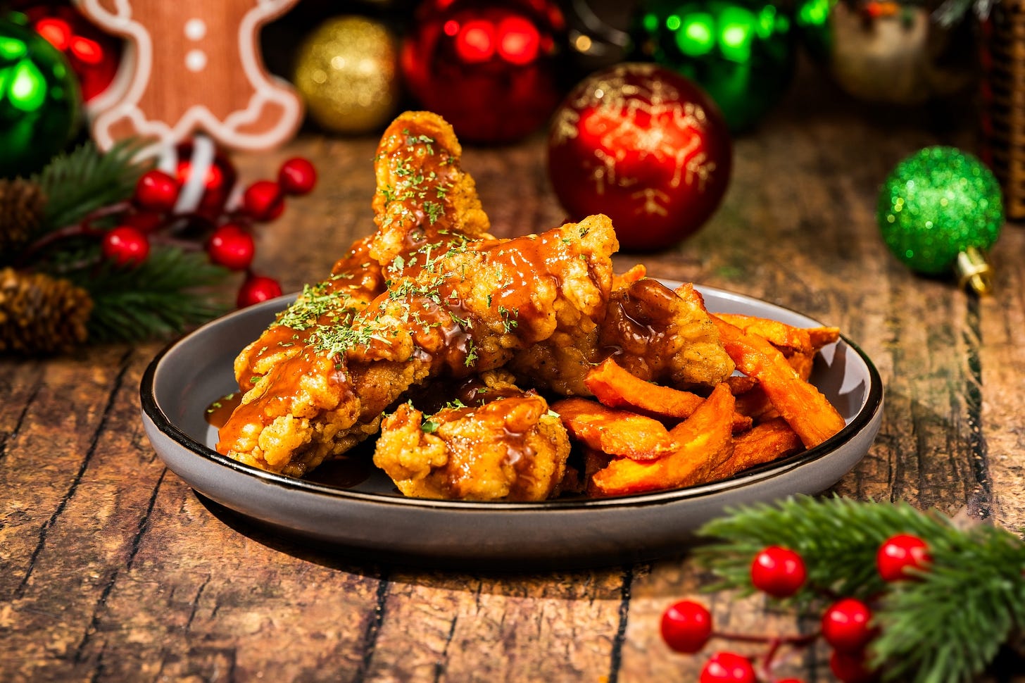 Yuletide Chicken Strips: Crispy chicken strips with sage butter and cranberry barbecue glaze served with sweet potato fries