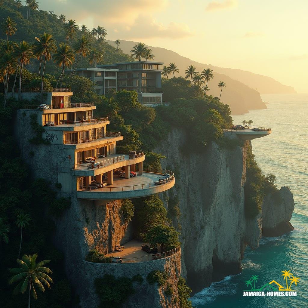 A breathtaking Jamaican cliff edge at golden hour, cascading multi-level apartments carved into limestone, skybridges linking towers, rooftop petrol station glowing softly, coconut trees swaying below, turquoise Caribbean Sea crashing at the base