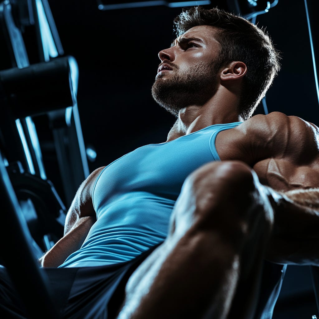 Strong male athlete wearing a light blue singlet and black shorts resting between sets on a leg extension machine. Strong male athlete wearing a light blue singlet and black shorts resting between sets on a leg extension machine.