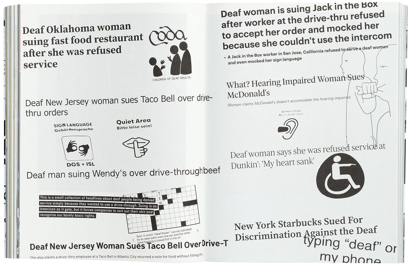 A two-page spread featuring eight headlines about deaf individuals suing large corporations for discrimination. A two-page spread featuring eight headlines about deaf individuals suing large corporations for discrimination.