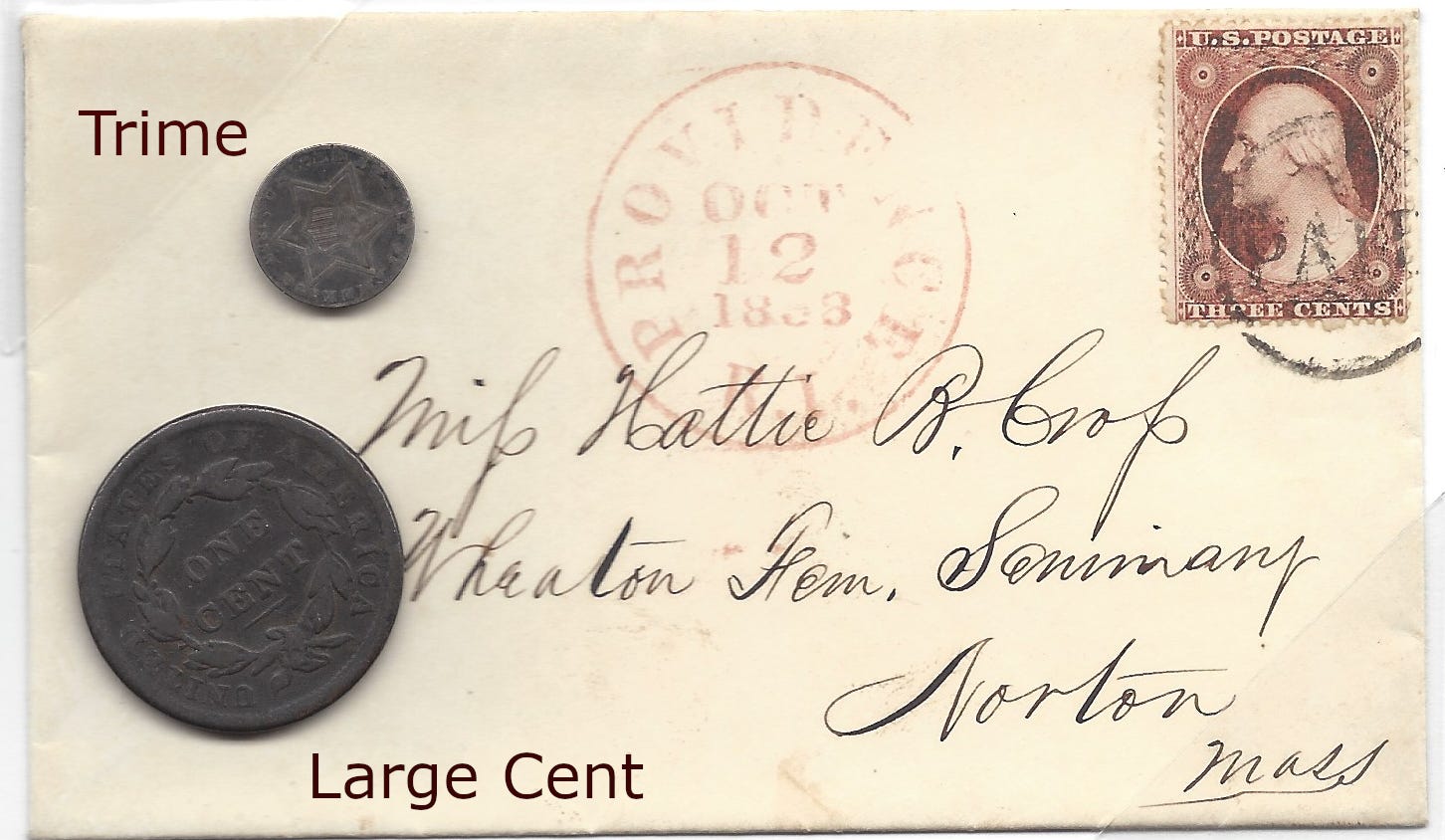 1853 envelope and a 1 cent and 3 cent piece from that period