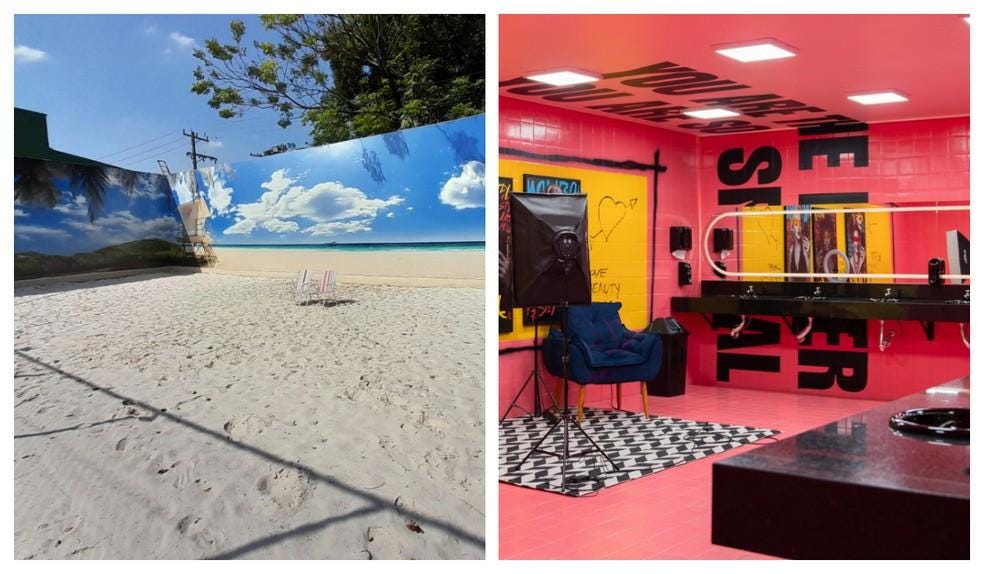 Banheiro instagramável com estúdio e praia artificial dentro da Community Creators Academy, na Vila Leopoldina, Zona Oeste de SP. — Foto: Montagem/g1/Rodrigo Rodrigues, Lucas Amorim e Albert Rodrigo Banheiro instagramável com estúdio e praia artificial dentro da Community Creators Academy, na Vila Leopoldina, Zona Oeste de SP. — Foto: Montagem/g1/Rodrigo Rodrigues, Lucas Amorim e Albert Rodrigo