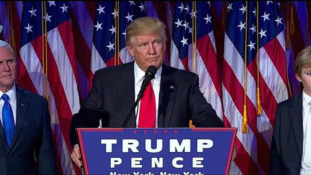 Republican President-elect Donald Trump delivers his acceptance speech during his election night event at the New York Hilton Midtown in the early morning hours of Nov. 9, 2016 in New York City. Donald Trump defeated Democratic presidential nominee Hillary Clinton to become the 45th president of the United States. Mark Wilson/Getty Images Republican President-elect Donald Trump delivers his acceptance speech during his election night event at the New York Hilton Midtown in the early morning hours of Nov. 9, 2016 in New York City. Donald Trump defeated Democratic presidential nominee Hillary Clinton to become the 45th president of the United States. Mark Wilson/Getty Images
