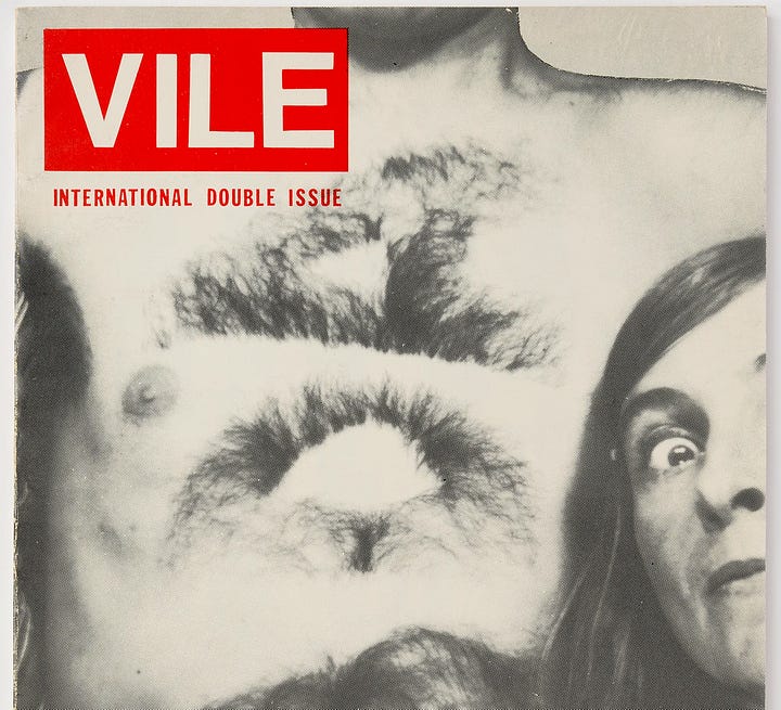 THING, no. 4 (Spring 1991), published by Robert Ford in Chicago, 1989–93; VILE, vol. 1, no. 2 / vol. 2, no. 1—“International Double Issue” (Banana Productions, San Francisco, Summer 1976), edited by Anna Banana and Bill Gaglione. Each cover tells the reader where to go next. THING sets the house singer Ultra Naté beside the poet Essex Hemphill, making visible a Black queer cultural field that a genre label alone would miss. VILE’s joke works only if you know its route: the title parodies General Idea’s FILE Megazine, which parodied LIFE.