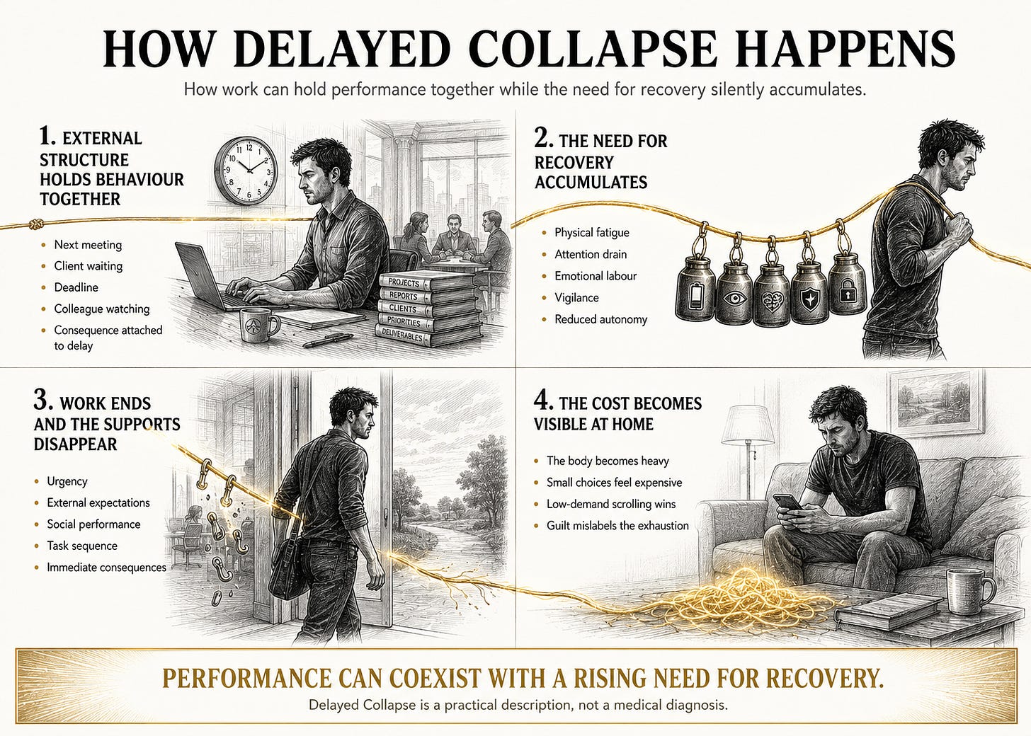 Four-stage infographic showing how workplace structure can mask accumulating fatigue until work ends and exhaustion becomes visible at home. Four-stage infographic showing how workplace structure can mask accumulating fatigue until work ends and exhaustion becomes visible at home.