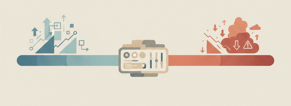 The composition is built from simple geometric shapes rather than realistic people: a horizontal balance beam or tightrope stretches across the image, with one end tinted in cool blues and teals and the other in warm reds and oranges, representing two opposing extremes. The composition is built from simple geometric shapes rather than realistic people: a horizontal balance beam or tightrope stretches across the image, with one end tinted in cool blues and teals and the other in warm reds and oranges, representing two opposing extremes.