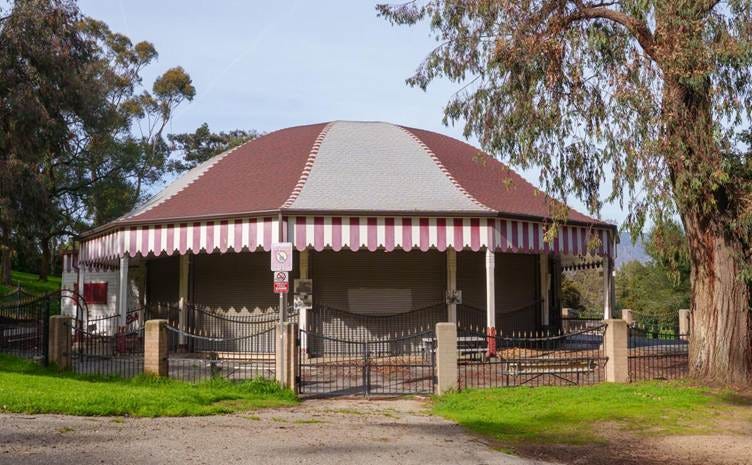 The Griffith Park merry-go-round, behind gates and shuttered.