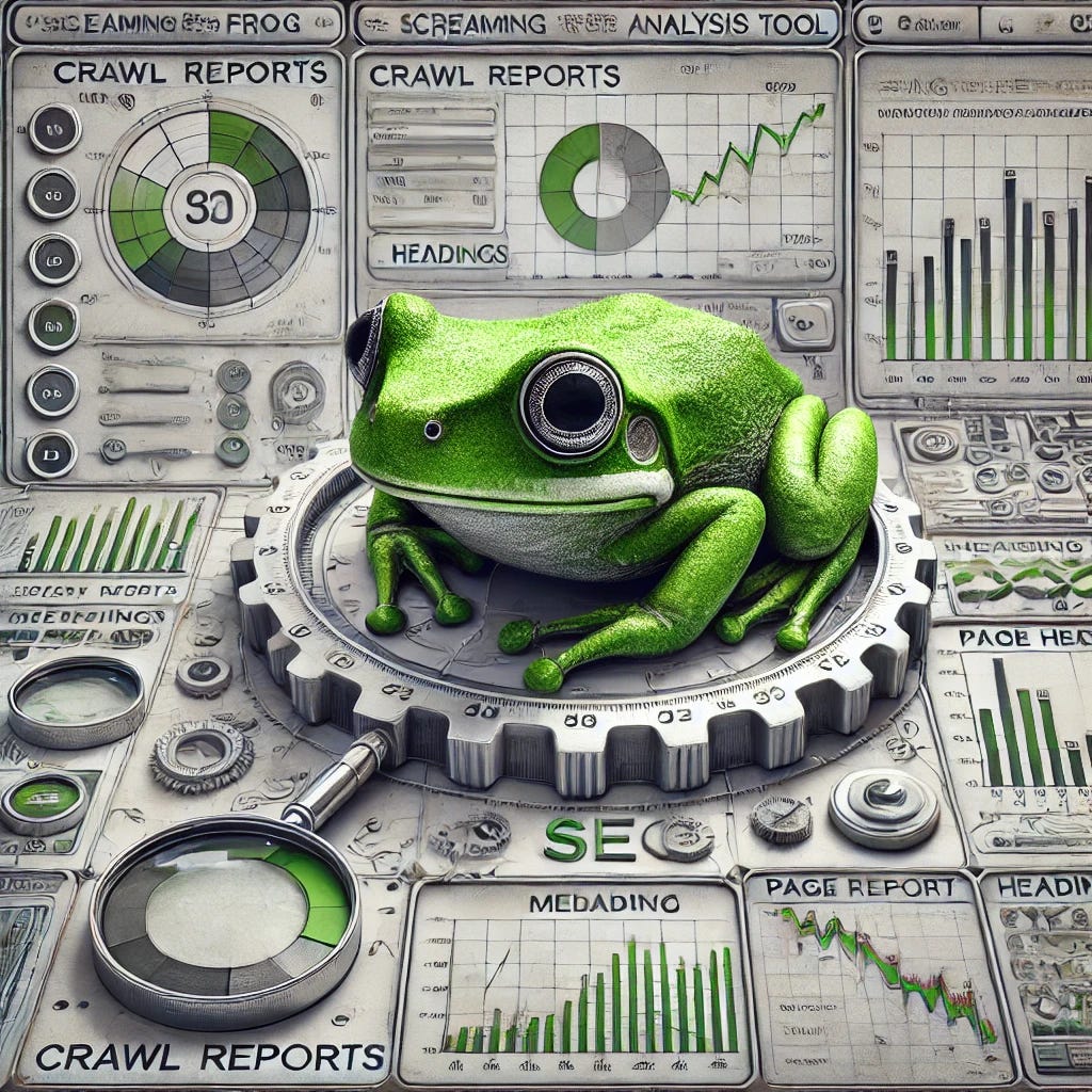 An artistic visualization of a Screaming Frog SEO analysis tool interface. The image should show a detailed but fictional dashboard-like view with elements representing website auditing metrics such as crawl reports, page URLs, metadata, headings, and a graph of SEO performance. The interface should have a clean, professional, and tech-oriented design. Include colors like white, green, and gray to mimic the aesthetic of an analytical tool interface.