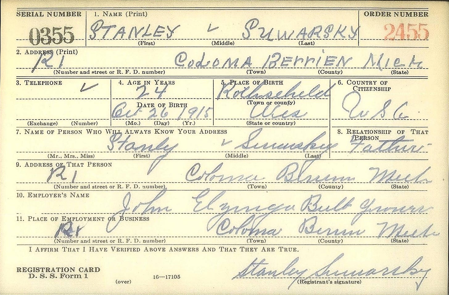 PVT Stanley Suwarsky Darft Card, 101st Airborne Division
