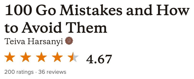 Goodreads listing for 100 Go Mistakes and How to Avoid Them by Teiva Harsanyi, showing a 4.66-star rating based on 198 ratings and 36 reviews.