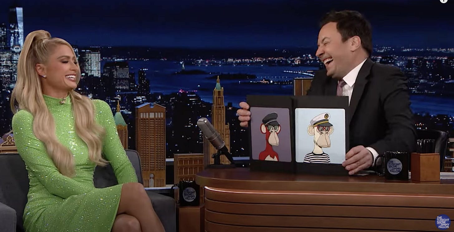 The Tonight Show on Twitter: "Jimmy & @ParisHilton compare #BoredApeYC  NFTs. #FallonTonight https://t.co/RoOlhteLnN" / Twitter