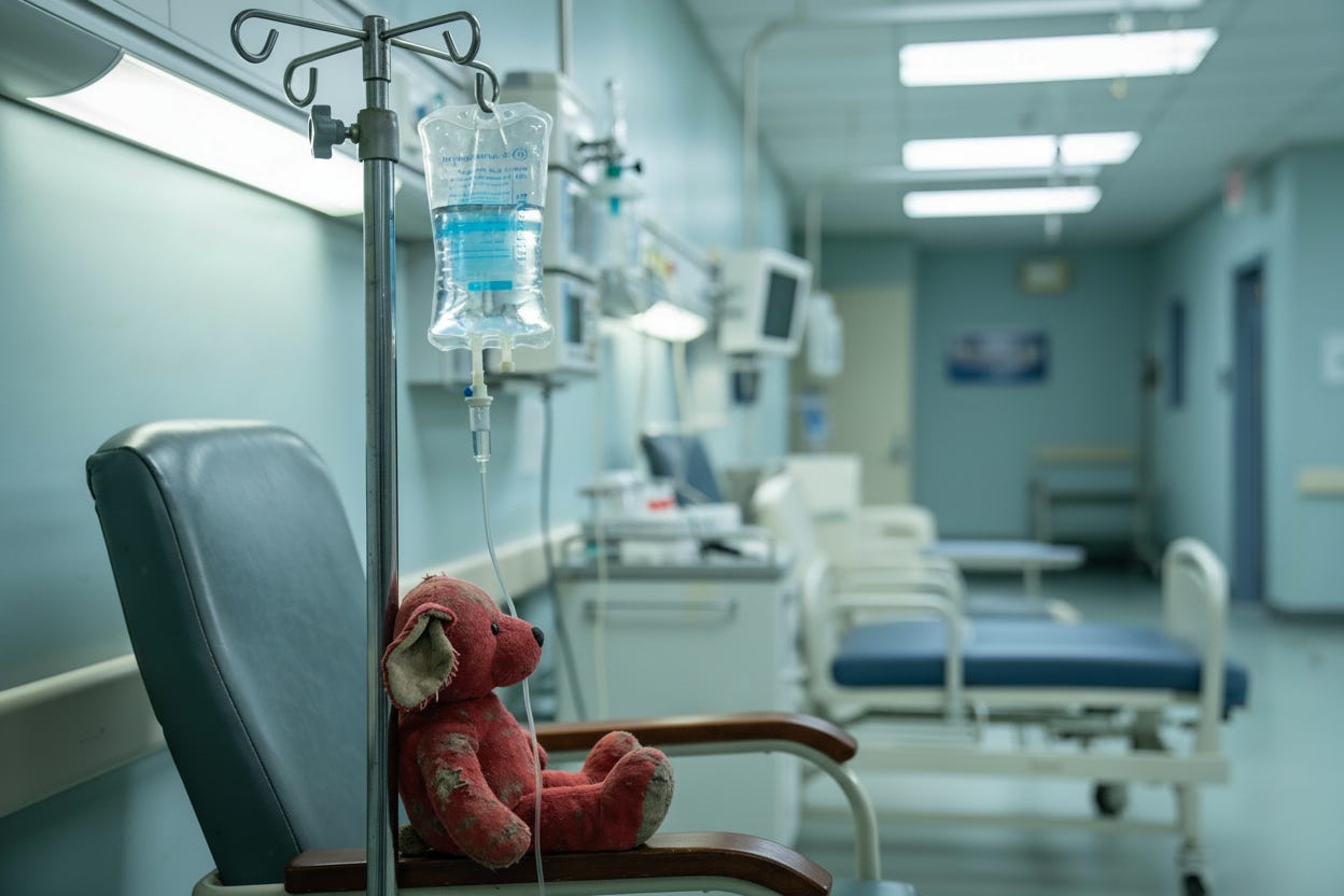 Hospital IV and a child’s worn stuffed toy in sharp focus, empty background suggesting loneliness and vulnerability.