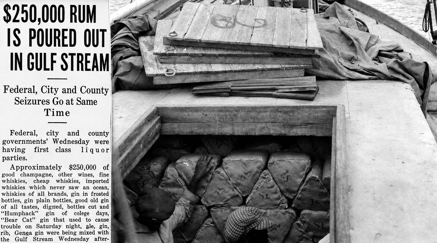 Figure 1: Headline in the Miami Daily News on July 13, 1927, along with a photograph of a gunny sack full of liquor bottles. Courtesy of the Miami News Archive and Sally Jing. Figure 1: Headline in the Miami Daily News on July 13, 1927, along with a photograph of a gunny sack full of liquor bottles. Courtesy of the Miami News Archive and Sally Jing.