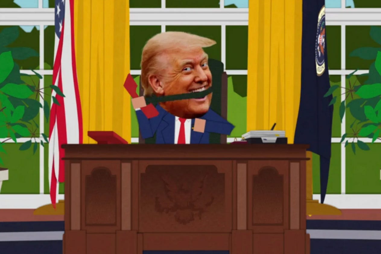Trump in Oval Office during season 27 premiere of South Park, “Sermon on the Mount” / Paramount Trump in Oval Office during season 27 premiere of South Park, “Sermon on the Mount” / Paramount