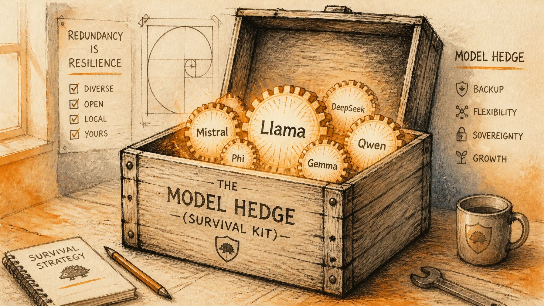 A sturdy wooden survival crate in a workshop holding several glowing gears and chips labeled Llama and Mistral, illustrating keeping backup open-source AI models ready in case a frontier model like Fable 5 goes offline
