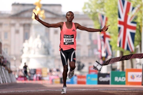 Sebastian Sawe from Kenya crosses the finish line to win the men's race at the London Marathon in London, Sunday, April 26, 2026.(AP Photo/Ian Walton) Sebastian Sawe from Kenya crosses the finish line to win the men's race at the London Marathon in London, Sunday, April 26, 2026.(AP Photo/Ian Walton)
