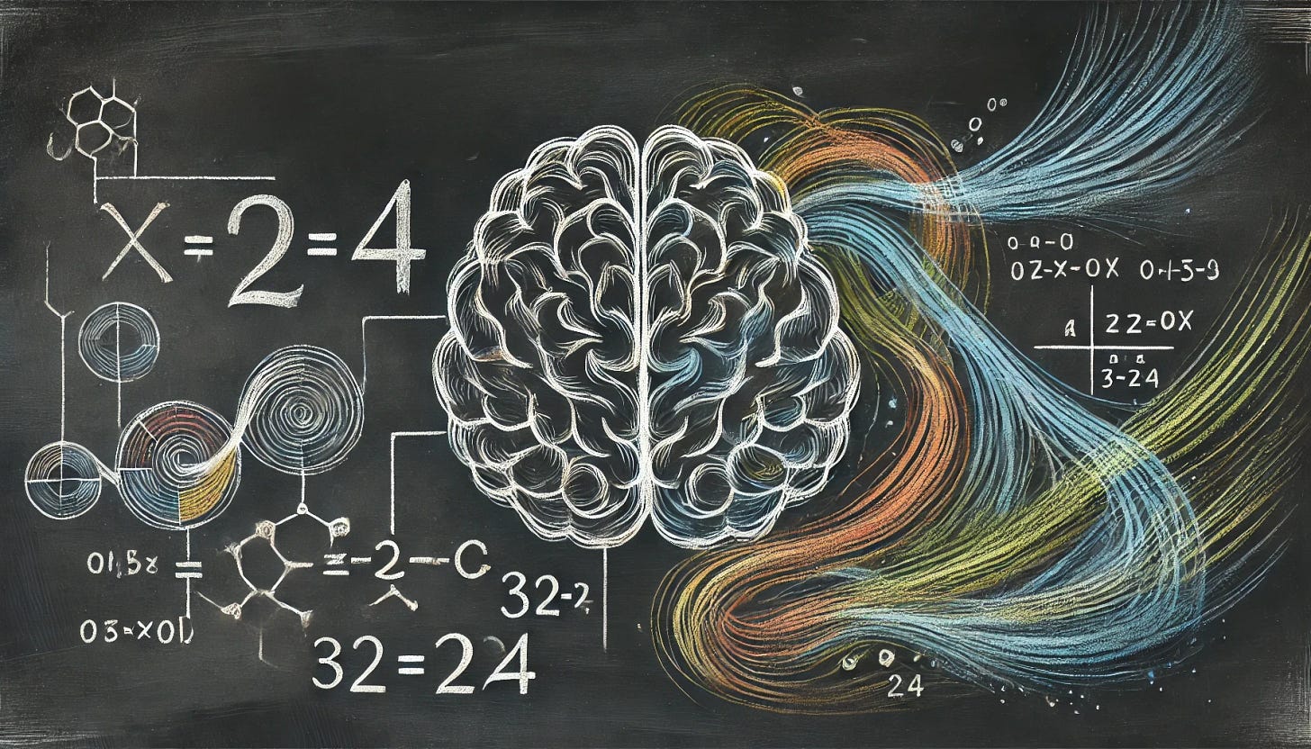 A minimalist chalkboard-style illustration representing the brain’s different approaches to simple and complex mental calculations, now fully blended into the chalkboard background for a seamless effect. The image features abstract, lightly sketched neural pathways branching into two areas—one connected to quick arithmetic fact retrieval (e.g., 2 × 4) and the other to complex multi-digit calculations (e.g., 32 × 24). The flowing elements suggesting cognitive processing merge naturally into the textured chalkboard surface, ensuring an organic, hand-drawn aesthetic. Soft pops of color (e.g., blue, yellow, green) subtly highlight key areas while maintaining full integration with the background. No text included. Maintain a 2:1 aspect ratio.