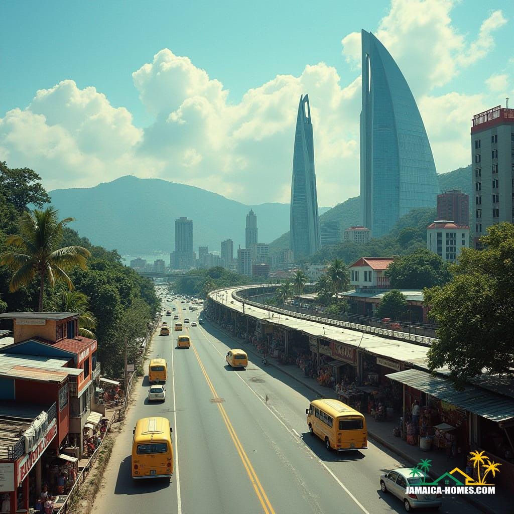 A futuristic Ocho Rios skyline with sleek glass towers, highway snaking through, petrol stations and convenience stores mid-level, colorful Jamaican minibuses on elevated roads, waterfalls and jungle between facades, vibrant market stalls on rooftop terraces, in a cinematic film still style, reminiscent of Blade Runner, with a hint of Syd Mead and Ash Thorp's futuristic neon aesthetic, shot on 35mm film with a v-raptor XL, incorporating film grain, vignette, and cinematic lighting, color graded for a dramatic atmosphere.

