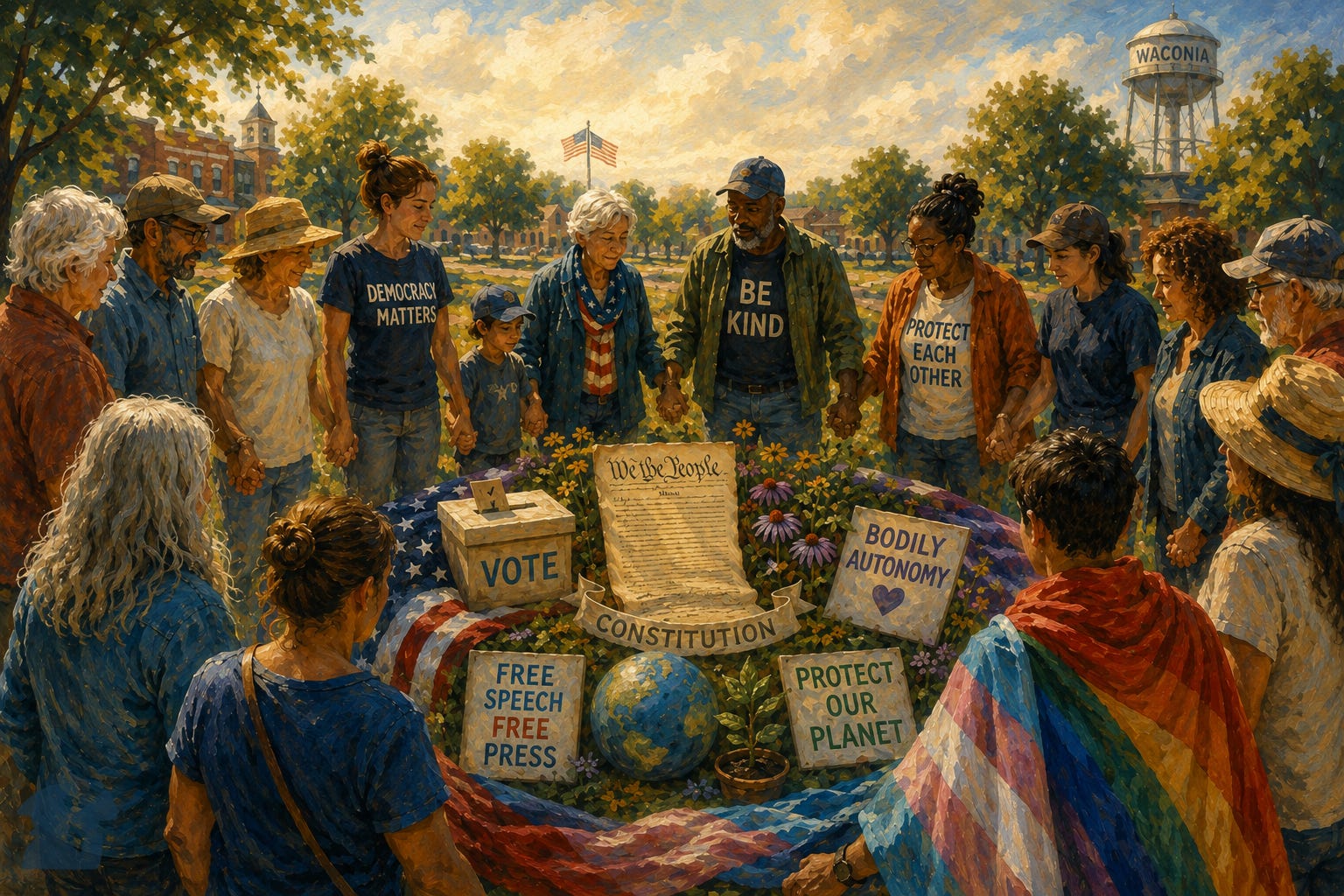 Painterly illustration of a diverse group of neighbors standing hand in hand in a circle around symbols of democracy and community protection, including a ballot box, Constitution, environmental signs, and pride colors, in a warm small-town American setting with soft golden light and an uplifting civic atmosphere.