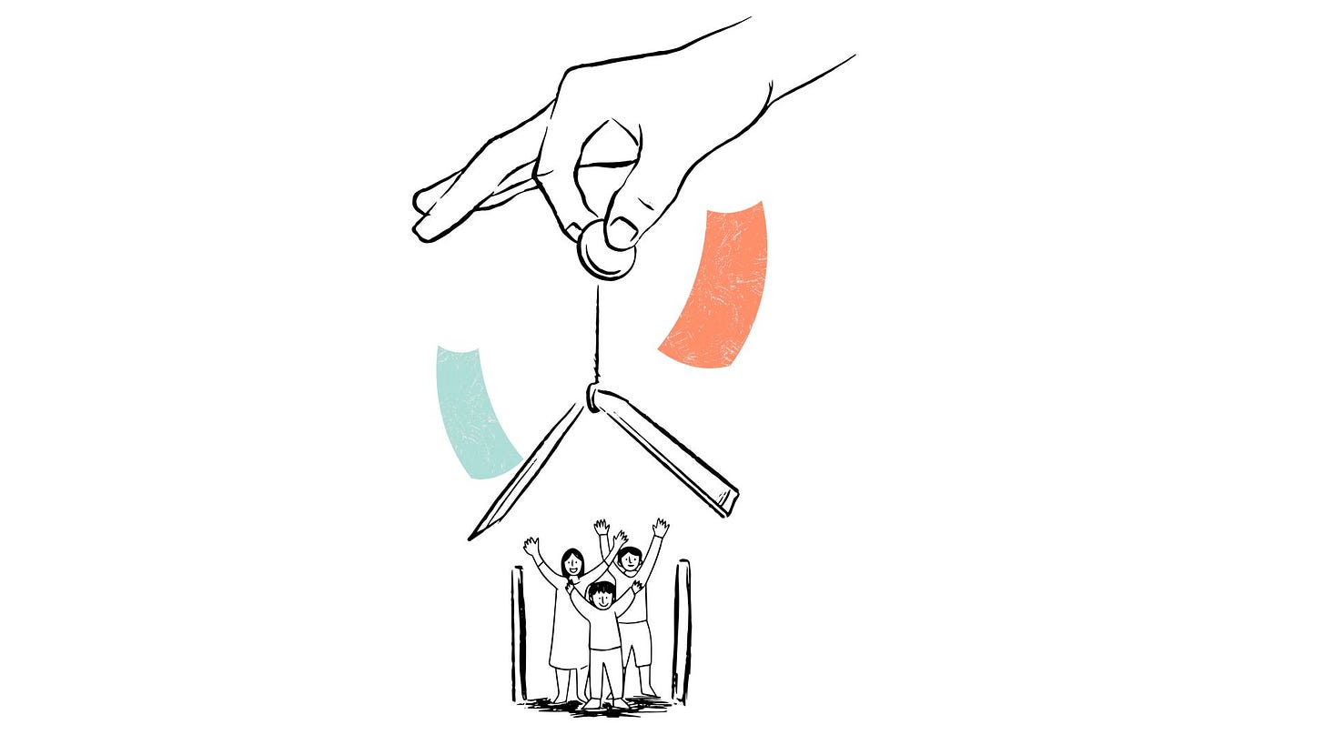 a sketch of happy people in their new house