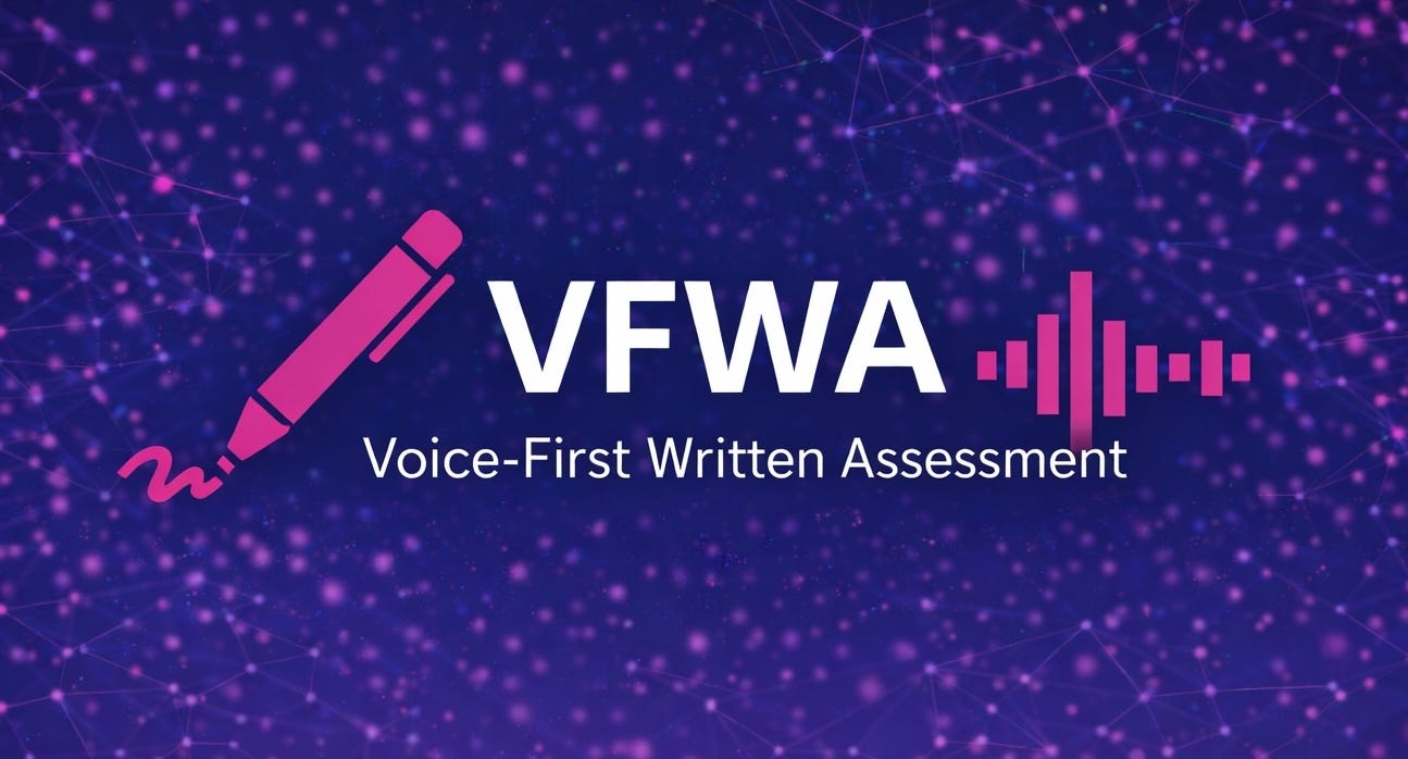 Digital banner with a dark blue and purple starry network background. In the centre, large white text reads “VFWA” with “Voice-First Written Assessment” underneath. A pink ballpoint pen icon appears to the left and a pink soundwave icon appears to the right, both evenly spaced from the title.