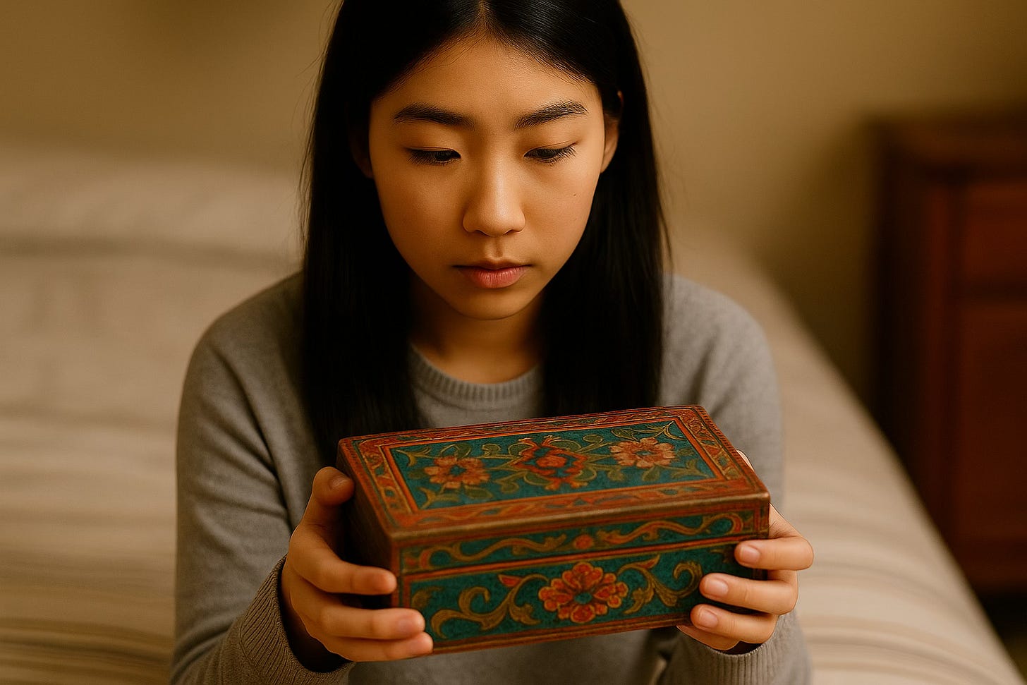A teenage girl with East Asian features sits on the edge of a bed in a softly lit bedroom, gazing intently at a small, ornate wooden box resting in her hands. The box is about the size of a large jewelry case, with no visible hinges or seams, and features faded yet vibrant patterns that blend Celtic and East Asian influences. The girl's expression is a mix of curiosity and awe, as if the box evokes distant memories or hidden truths.