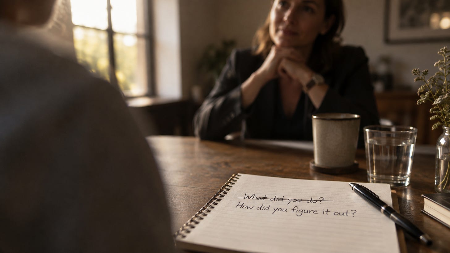 Interview notepad with “What did you do?” crossed out and replaced by “How did you figure it out?” during a hiring conversation. Interview notepad with “What did you do?” crossed out and replaced by “How did you figure it out?” during a hiring conversation.