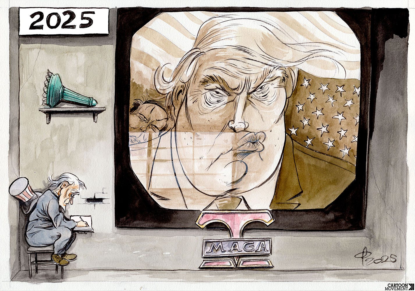 Cartoon showing  Uncle Sam sitting in a small corner of a bare room where he can’t be seen by the giant telescreen that’s dominating the room, showing the face of Donald Trump as Big Brother. An extinguished torch of the Statue of Liberty lies on a shelf.