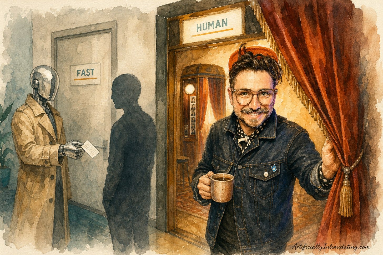 Watercolor of two doors in a hallway. At the left door marked Fast, a chrome robot hands a slip to a shadow figure. At the right door marked Human, a smiling man in glasses holds a velvet curtain open with a coffee in hand. Watercolor of two doors in a hallway. At the left door marked Fast, a chrome robot hands a slip to a shadow figure. At the right door marked Human, a smiling man in glasses holds a velvet curtain open with a coffee in hand.