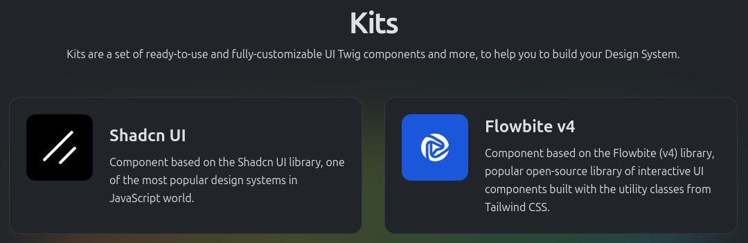 Capture de la section Kits, de la page dédiée au Toolkit sur ux.symfony.com. Il y a deux cadres indiquant les kits disponibles pour Shadcn et Flowbite
