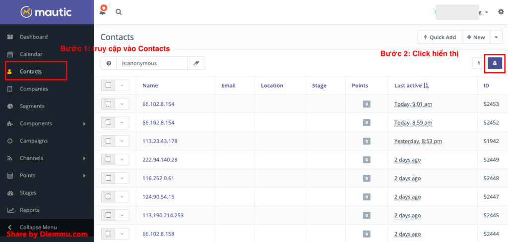 Xem Visitors trong Contact Mautic
