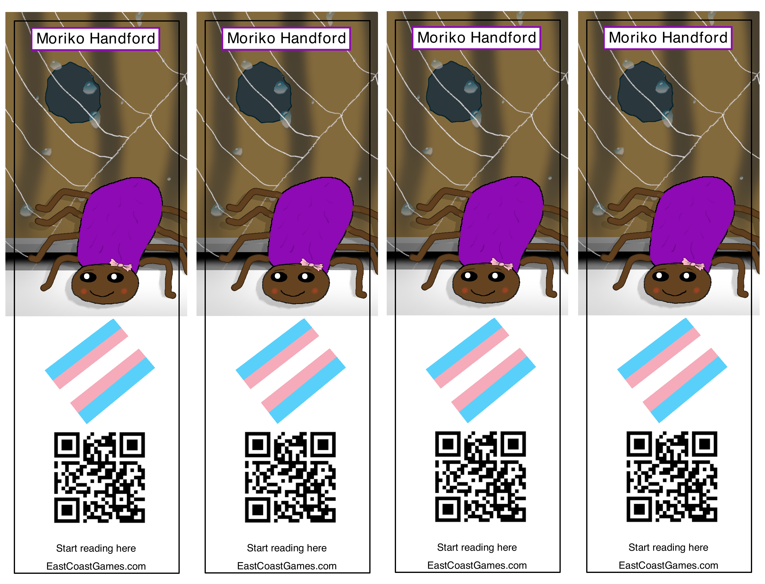 Bookmarks with Sam Spindle, a trans flag, and Moriko's name.