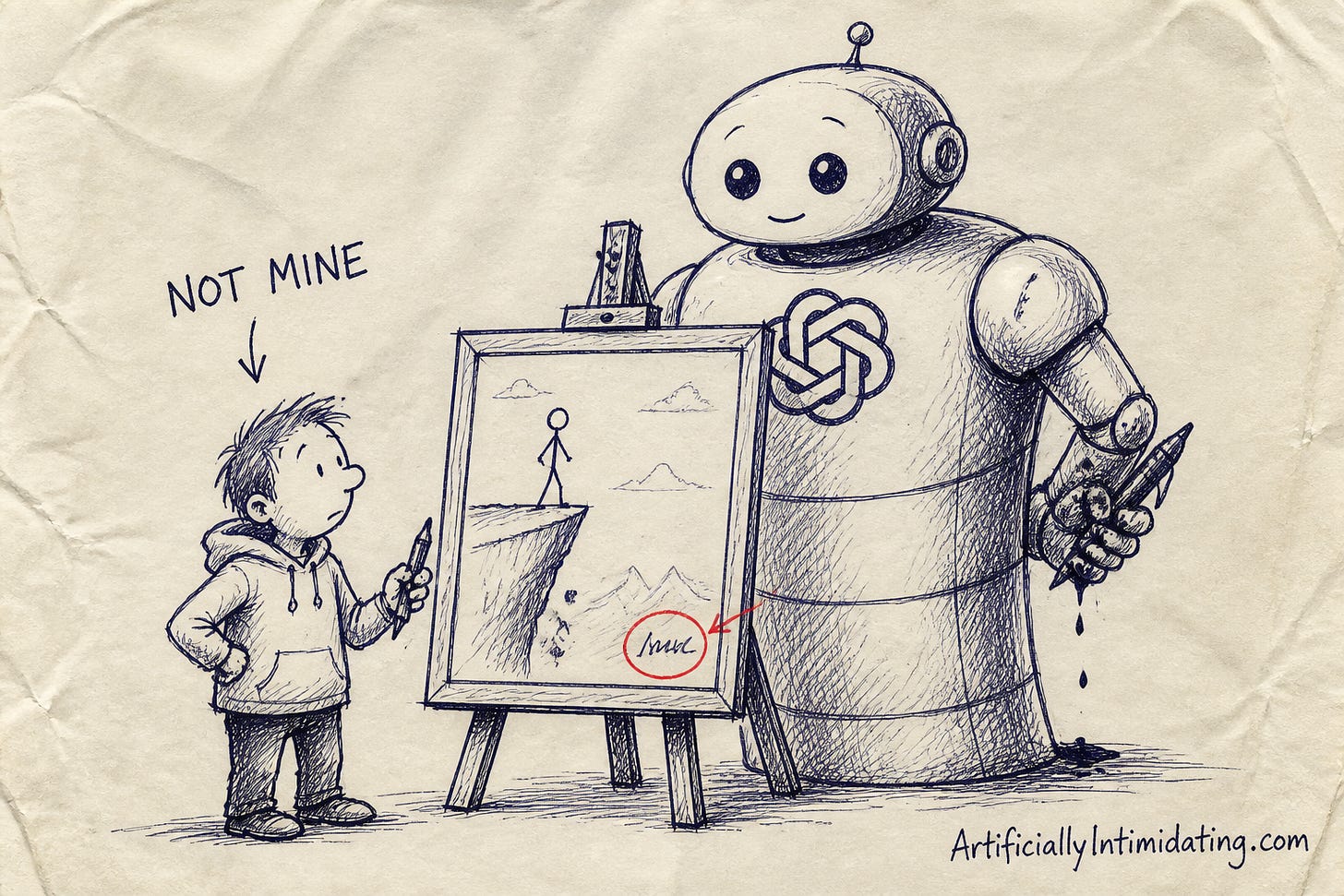 A small human cartoonist beside an easel points at a red-circled scribble signature on a framed cartoon, labeled NOT MINE, while a big friendly robot with a flower-knot emblem hides an ink-stained pen behind its back.
