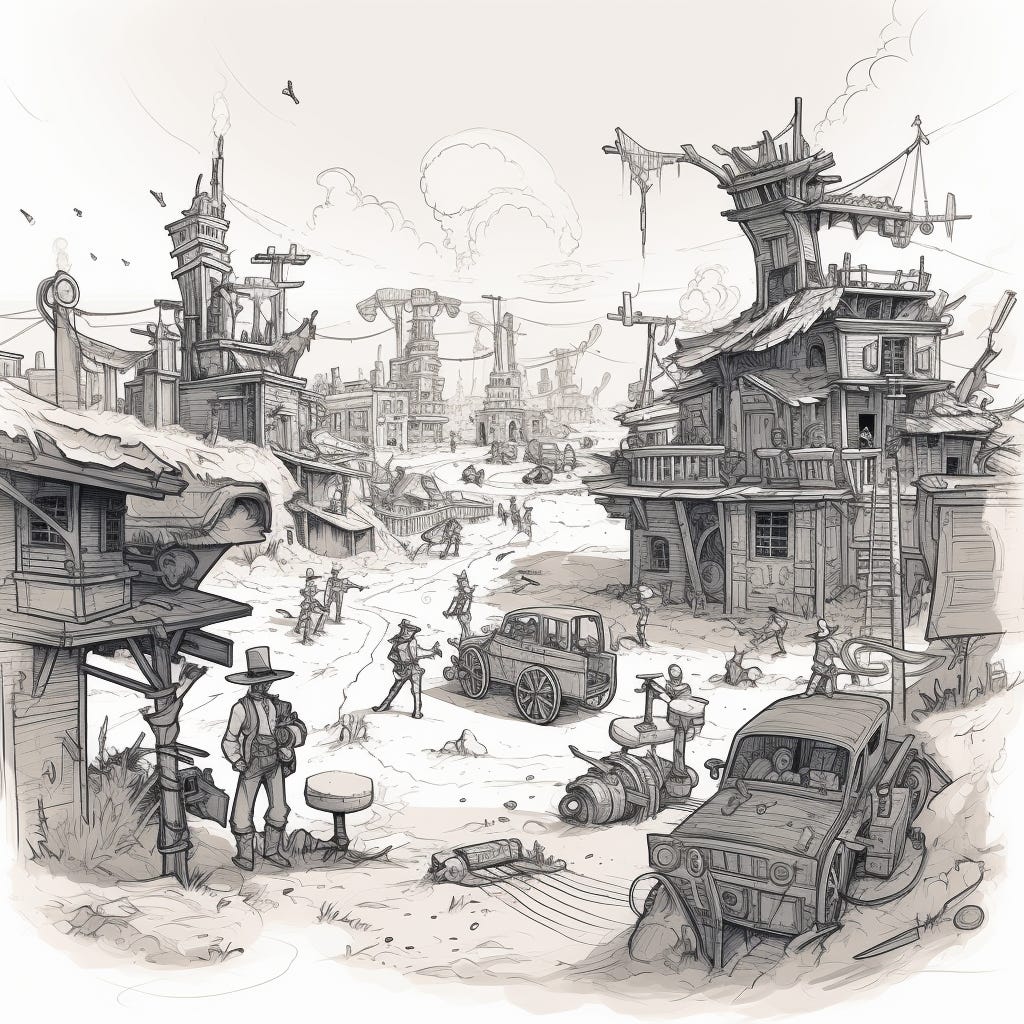 a rough industrial design sketch, initial, black pen, handdrawn, white paper. image is a western town, with a group of robotic cowboys shooting guns at tin cans