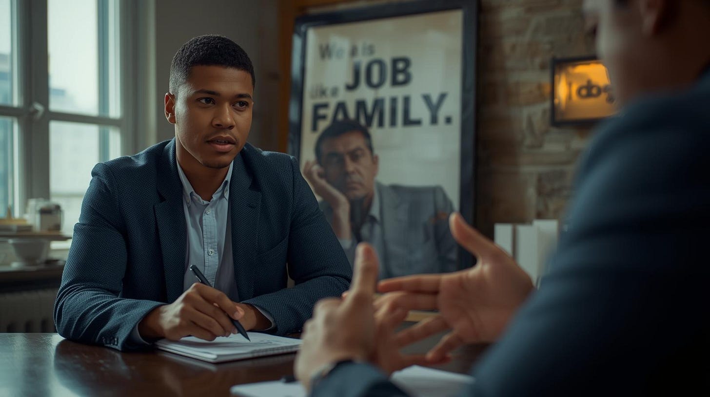 Job candidate attentively listens during interview, observing company culture cues.