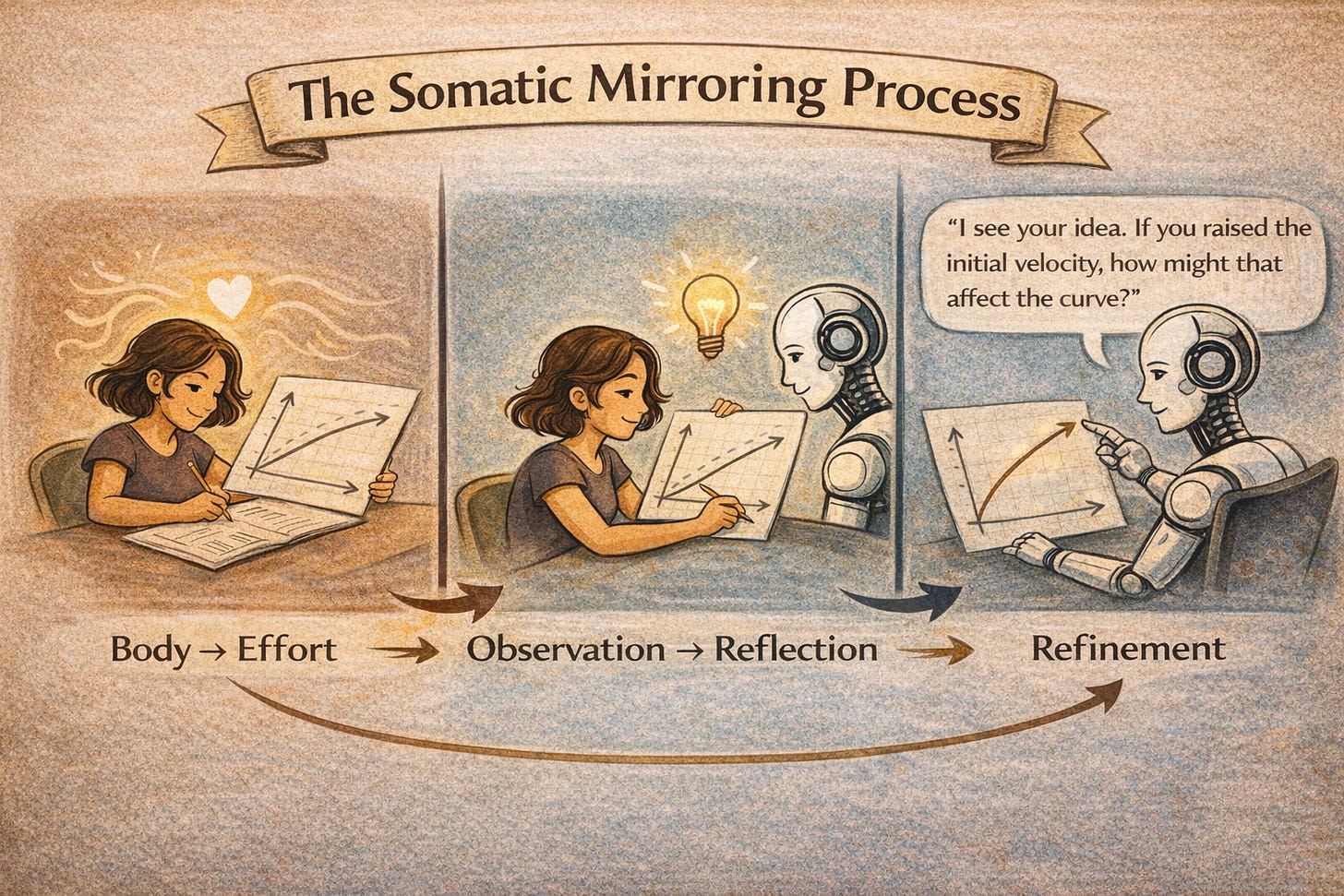 Diagram of the Somatic Mirroring Process from the Somagraphic Learning framework. The visual flow moves from Body → Effort, to Observation → Reflection, and finally Refinement. It depicts a young woman collaborating with a humanoid AI robot to analyze a mathematical graph. A speech bubble from the AI asks about 'initial velocity,' showcasing a deep-tech, soulful approach to AI-assisted learning.