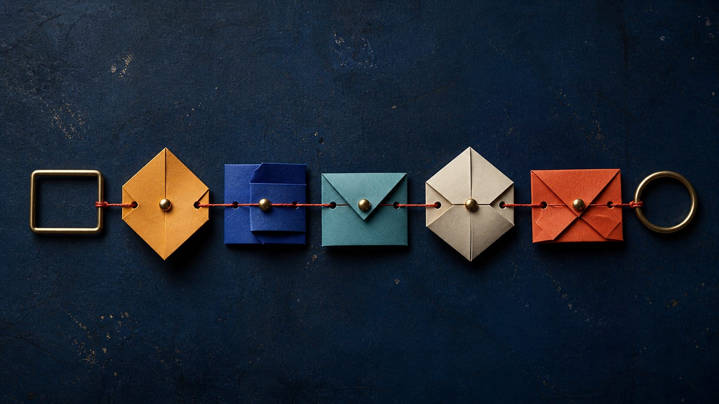 Five folded paper components are linked in a clear chain with thread, brass pins, a fitting frame and an unbroken loop.
