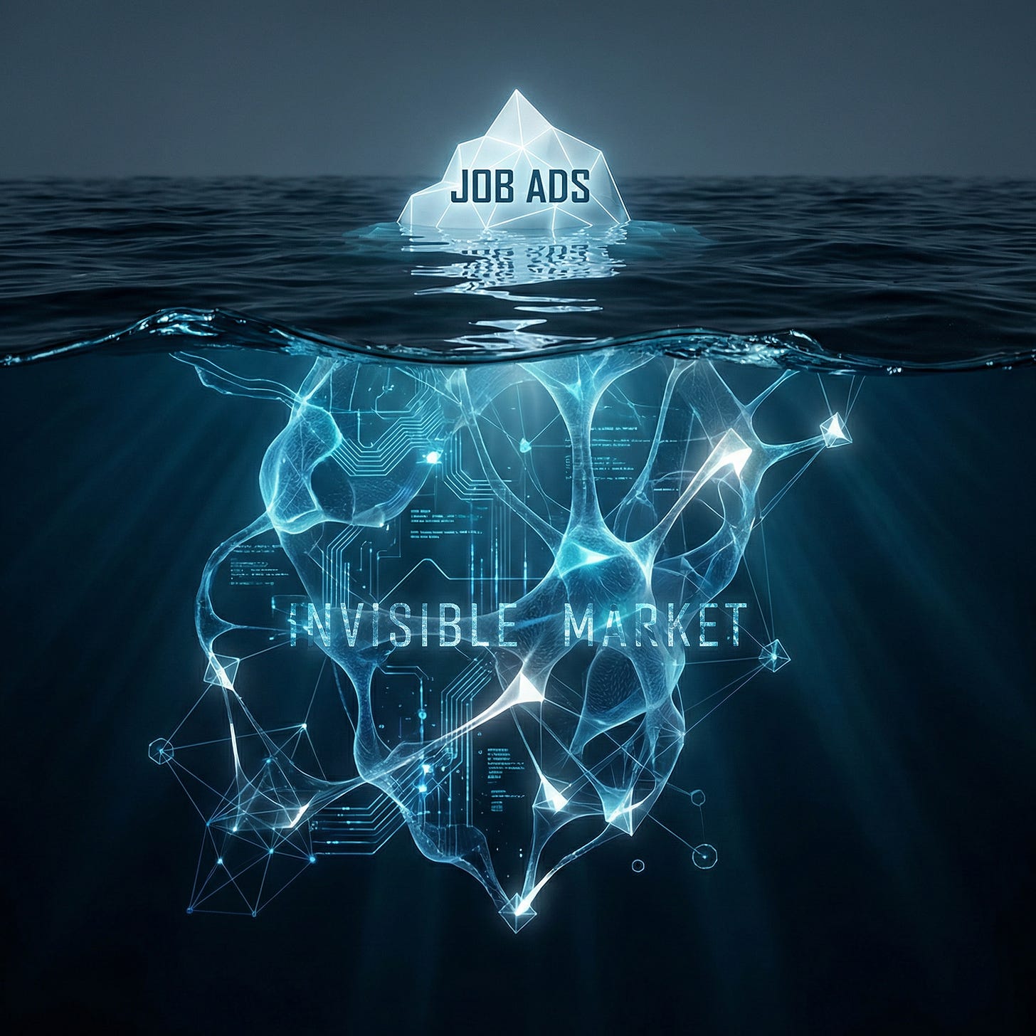 An iceberg infographic showing "Visible Market" (Job Ads) at the tip and a complex geometric network labeled "Invisible Market" (Search & Mapping) submerged below.