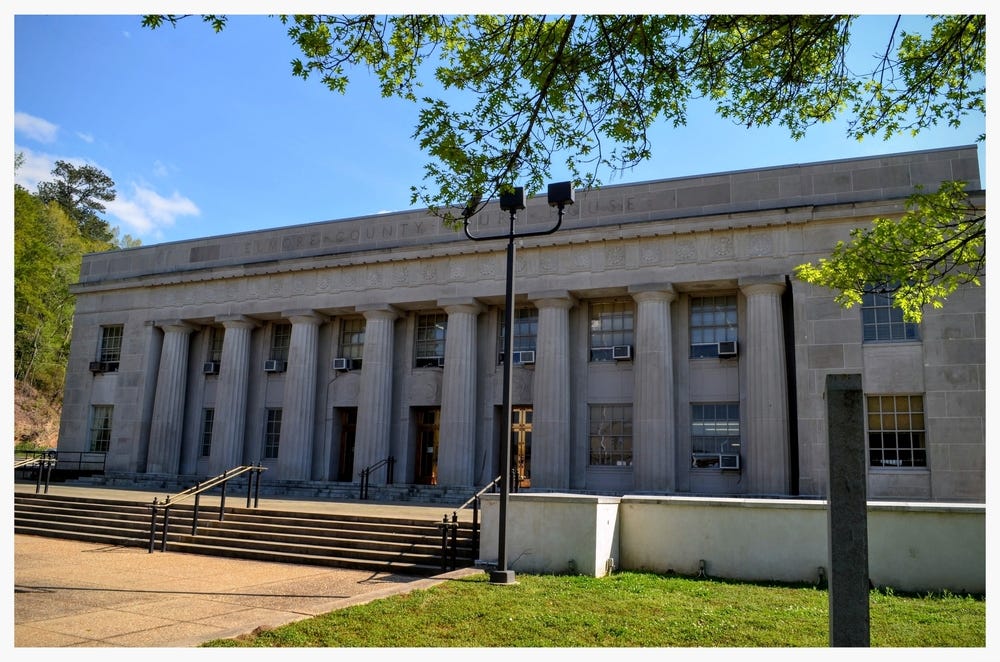 Elmore County Courthouse, site of the Wetumpka stone historical marker, Wetumpka, Elmore County, Alabama