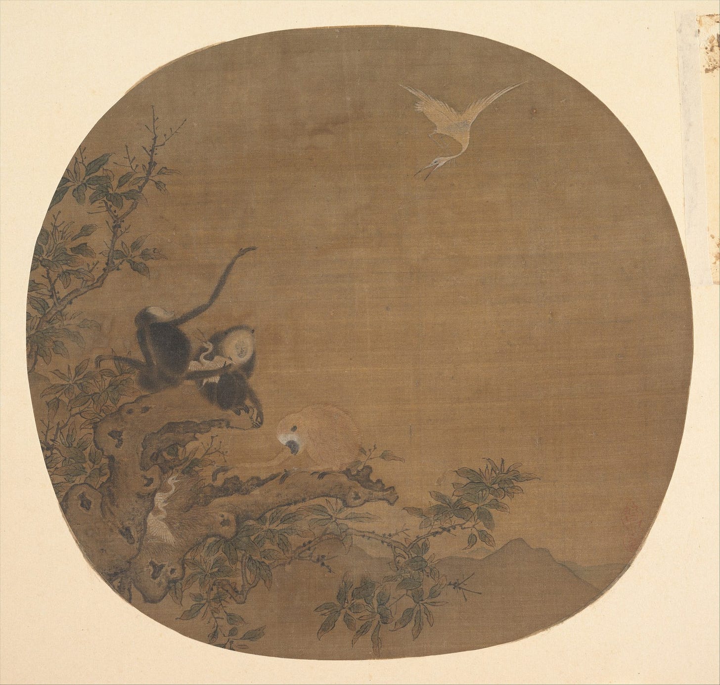Three gibbons raiding an egret's nest while the mother bird circles above, painted on silk and mounted as an album leaf Three gibbons raiding an egret's nest while the mother bird circles above, painted on silk and mounted as an album leaf