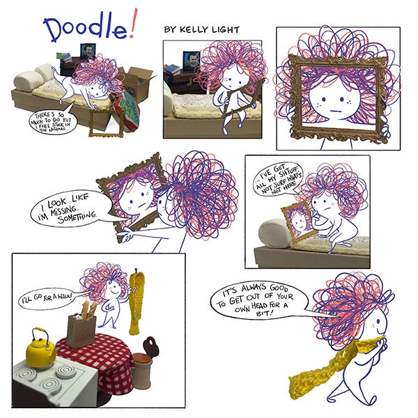 Doodle lies on a bed made of pop tarts and marshmallow pillows. She says, “There’s so much to do but I feel stuck.” She lifts up a frame. She says, “I look like I’m missing something. I’ve got all my shtuff. Not sure what’s not here.” Doodle grabs a scarf from a hook and says, “I’ll go for a walk” She puts it on and says, “It’s always good to get out of your own head for a bit!”