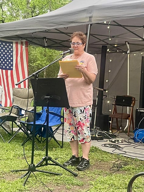 Photos of Tommy & Michelle setting up for worship, the sun shining through the trees, and Sherry sharing a devotional.