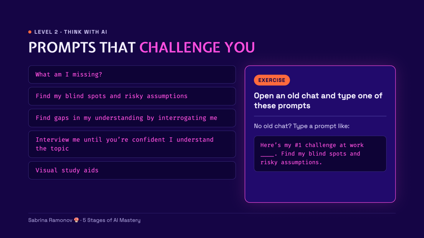 Claude prompts ask for blind spots, risky assumptions, and gaps in understanding.