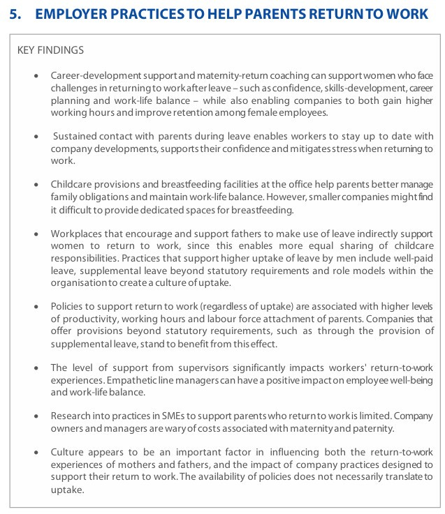Document titled "Employer Practices to Help Parents Return to Work" listing Key Findings. The findings detail best practices including career-development support, sustained contact during leave, childcare provisions, encouraging fathers' use of leave, the positive impact of supportive policies on productivity, the importance of emp