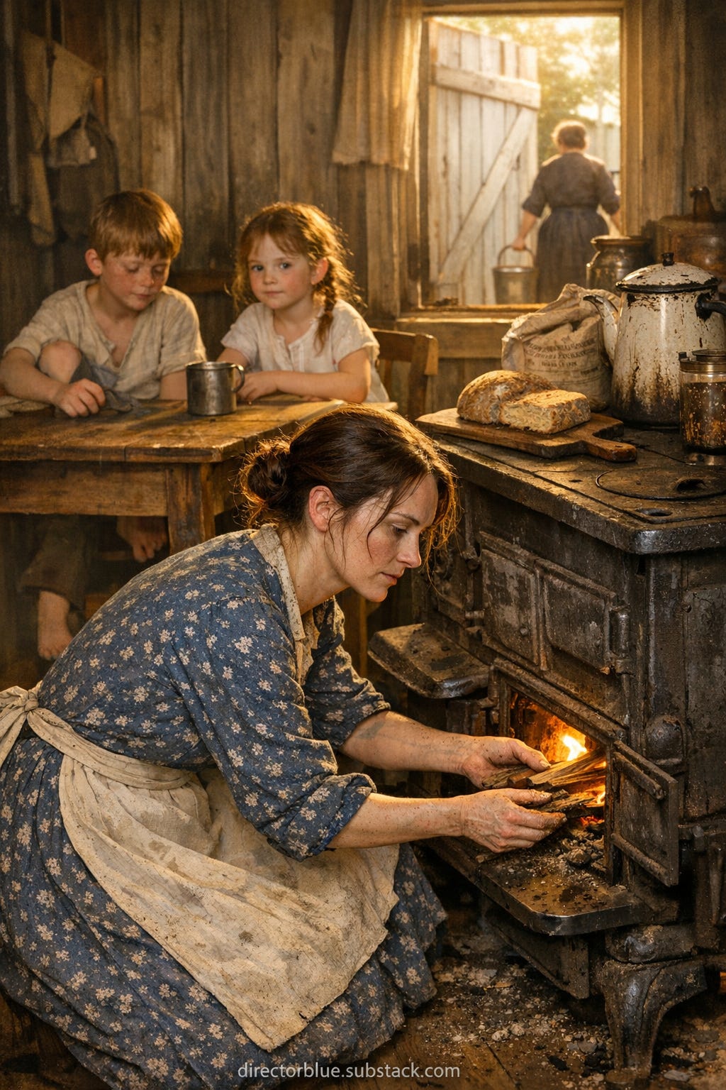 same subject new image 9:16 vertical photographic image. Hyperrealistic, golden earlymorning sunlight streaming through a small eastfacing window. Interior of a tiny 1871 Chicago workers’ cottage kitchen, approximately 7x9 feet. A woman — Margaret Callahan, age 32, gaunt face with hollow cheeks, pronounced cheekbones, pale bluegrey eyes, dark auburn hair pulled back in a hasty low bun with loose strands framing her face, thin frame, 5’3”, wearing a faded blue calico dress with small white floral print, a worn offwhite cotton apron tied at her waist, sleeves rolled to her elbows revealing reddened calloused forearms — kneels before a black castiron cookstove, feeding pine kindling into the firebox, ash visible on her fingers. Behind her, a scarred wooden table where two children sit: a boy of nine with sandybrown hair in a bowl cut, freckled face, wearing a wrinkled cotton undershirt, scratching his ankle; a girl of six with auburn hair in a messy braid, wearing a white cotton shift, watching her mother. A black iron skillet with three strips of bacon. A chipped enamel kettle. Tin containers, a sack of oatmeal, a halfloaf of dense soda bread on a board. Through the small window behind the stove, visible in soft focus: a whitepainted wooden barn door propped open, and a short stout woman in a dark dress carrying a milk pail. Cramped, cluttered, everything wood and iron and tin. Warm light, photorealistic, intimate domestic poverty, periodaccurate detail. Small subtle watermark in footer: directorblue.substack.com.png same subject new image 9:16 vertical photographic image. Hyperrealistic, golden earlymorning sunlight streaming through a small eastfacing window. Interior of a tiny 1871 Chicago workers’ cottage kitchen, approximately 7x9 feet. A woman — Margaret Callahan, age 32, gaunt face with hollow cheeks, pronounced cheekbones, pale bluegrey eyes, dark auburn hair pulled back in a hasty low bun with loose strands framing her face, thin frame, 5’3”, wearing a faded blue calico dress with small white floral print, a worn offwhite cotton apron tied at her waist, sleeves rolled to her elbows revealing reddened calloused forearms — kneels before a black castiron cookstove, feeding pine kindling into the firebox, ash visible on her fingers. Behind her, a scarred wooden table where two children sit: a boy of nine with sandybrown hair in a bowl cut, freckled face, wearing a wrinkled cotton undershirt, scratching his ankle; a girl of six with auburn hair in a messy braid, wearing a white cotton shift, watching her mother. A black iron skillet with three strips of bacon. A chipped enamel kettle. Tin containers, a sack of oatmeal, a halfloaf of dense soda bread on a board. Through the small window behind the stove, visible in soft focus: a whitepainted wooden barn door propped open, and a short stout woman in a dark dress carrying a milk pail. Cramped, cluttered, everything wood and iron and tin. Warm light, photorealistic, intimate domestic poverty, periodaccurate detail. Small subtle watermark in footer: directorblue.substack.com.png