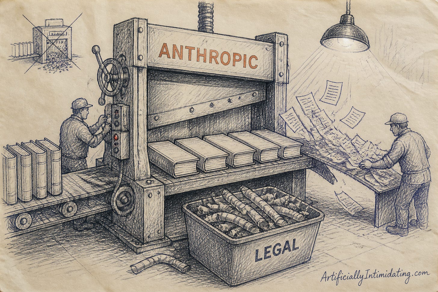 Editorial cartoon: an industrial paper guillotine stamped with the Anthropic wordmark slices the spines off a conveyor belt of plain hardback books; loose scanned pages fly out one side while the shredded spines drop into a bin marked LEGAL.