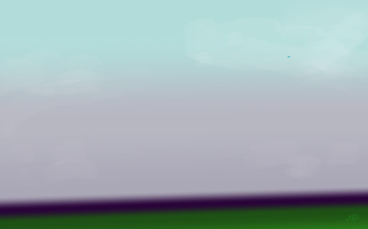 A barren green and purple landscape below a hazy blue and gray sky. In the upper right is a speck of brighter blue, perhaps a bird. Art by Doodleslice 2025
